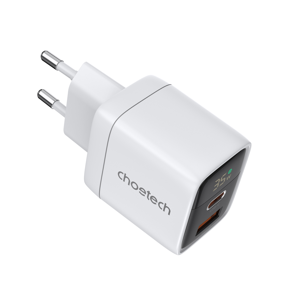 Choetech PD6052 USB-C USB-A PD 35W GaN wall charger with display - white (0)