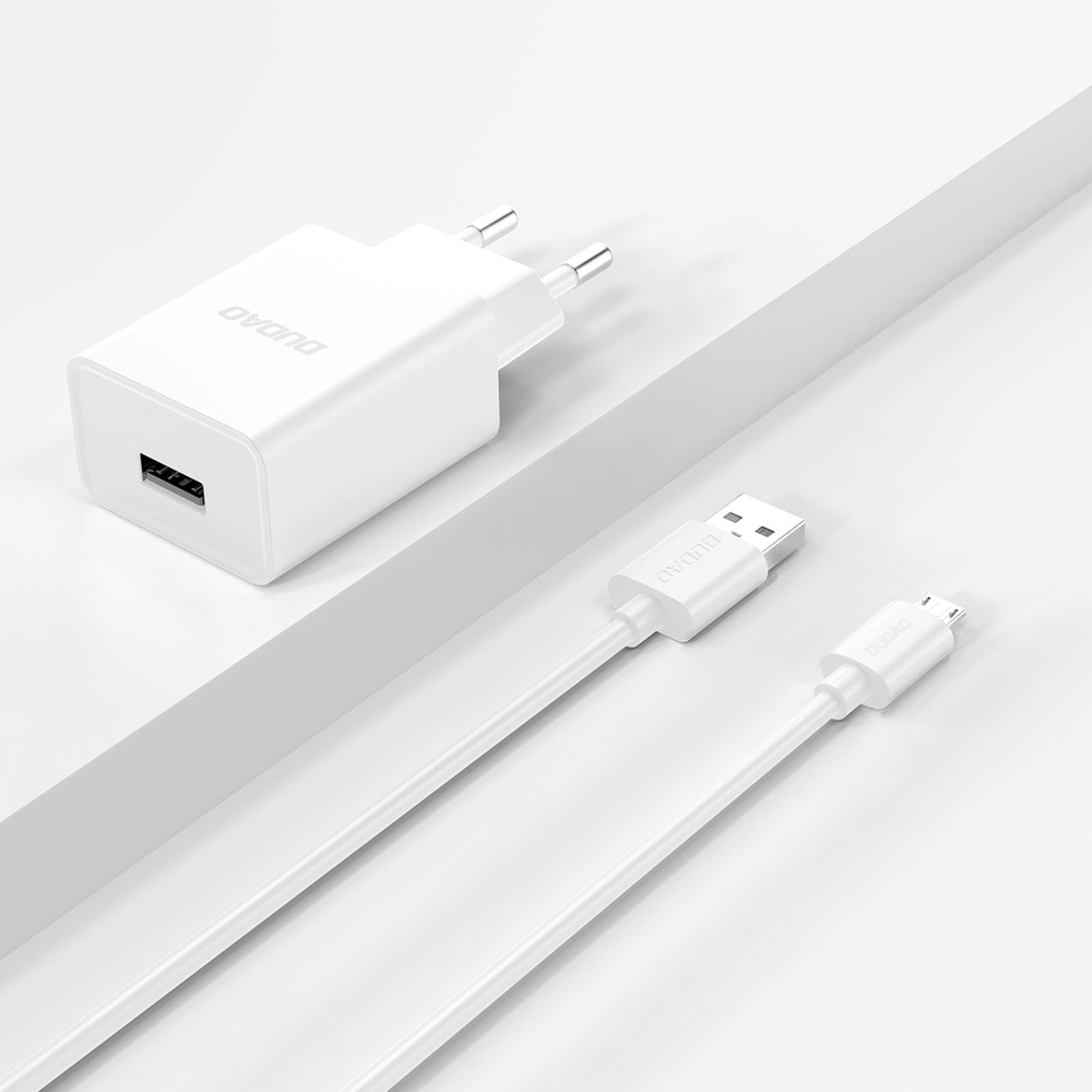 Dudao A4EU USB-A 2.1A wall charger - white + USB-A - micro USB cable (2)