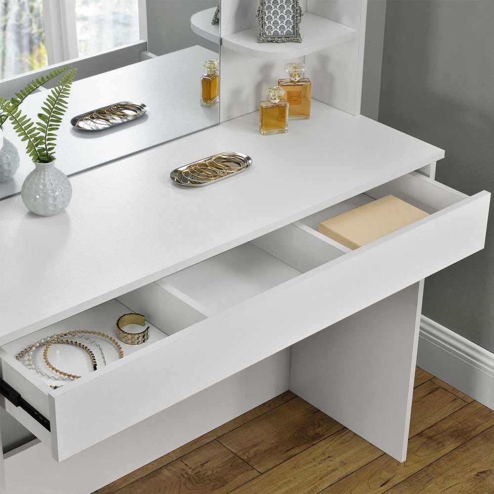 Modern Vanity Table with Large Mirror and Shelves ModernHome (1)