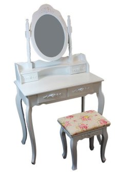 Large Vanity Table Set with Mirror and Stool, White