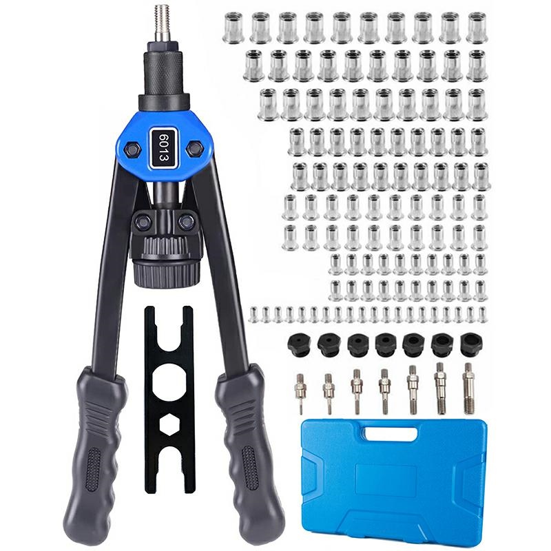 Hand Rivet Nut Tool Kit with 7 Mandrels and Assorted Rivnuts M3-M12 (1)