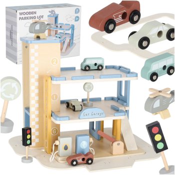 Wooden Toy Garage Multi Level Car Parking Playset with Elevator and Gas Station