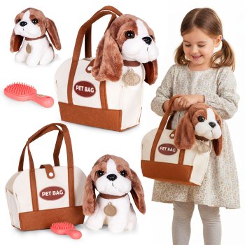 Plush Beagle Dog in a Purse Carrier with Grooming Brush Toy for Kids