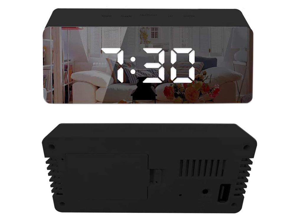 Multifunctional LED alarm clock with thermometer, mirror and date display, black (3)
