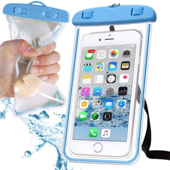 Waterproof phone case for pool, beach, kayak, up to 6.5”, blue
