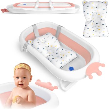 Folding Baby Bathtub with Cushion RK-280, White / Pink