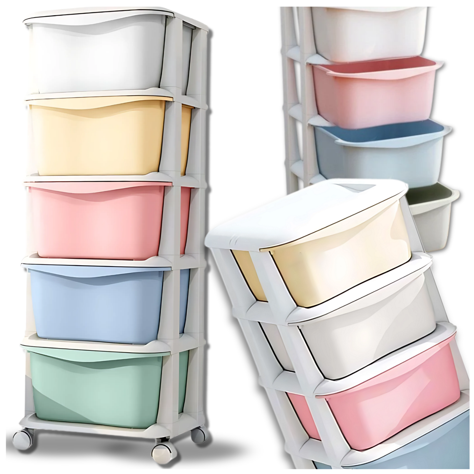Foldable plastic storage shelf with 5 colorful drawers on wheels