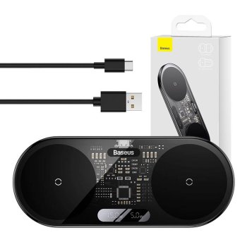 Dual Qi Wireless Charger Baseus Digital LED Display, 20W, Black