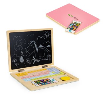 ECOTOYS Wooden Educational Laptop with Magnetic Chalkboard