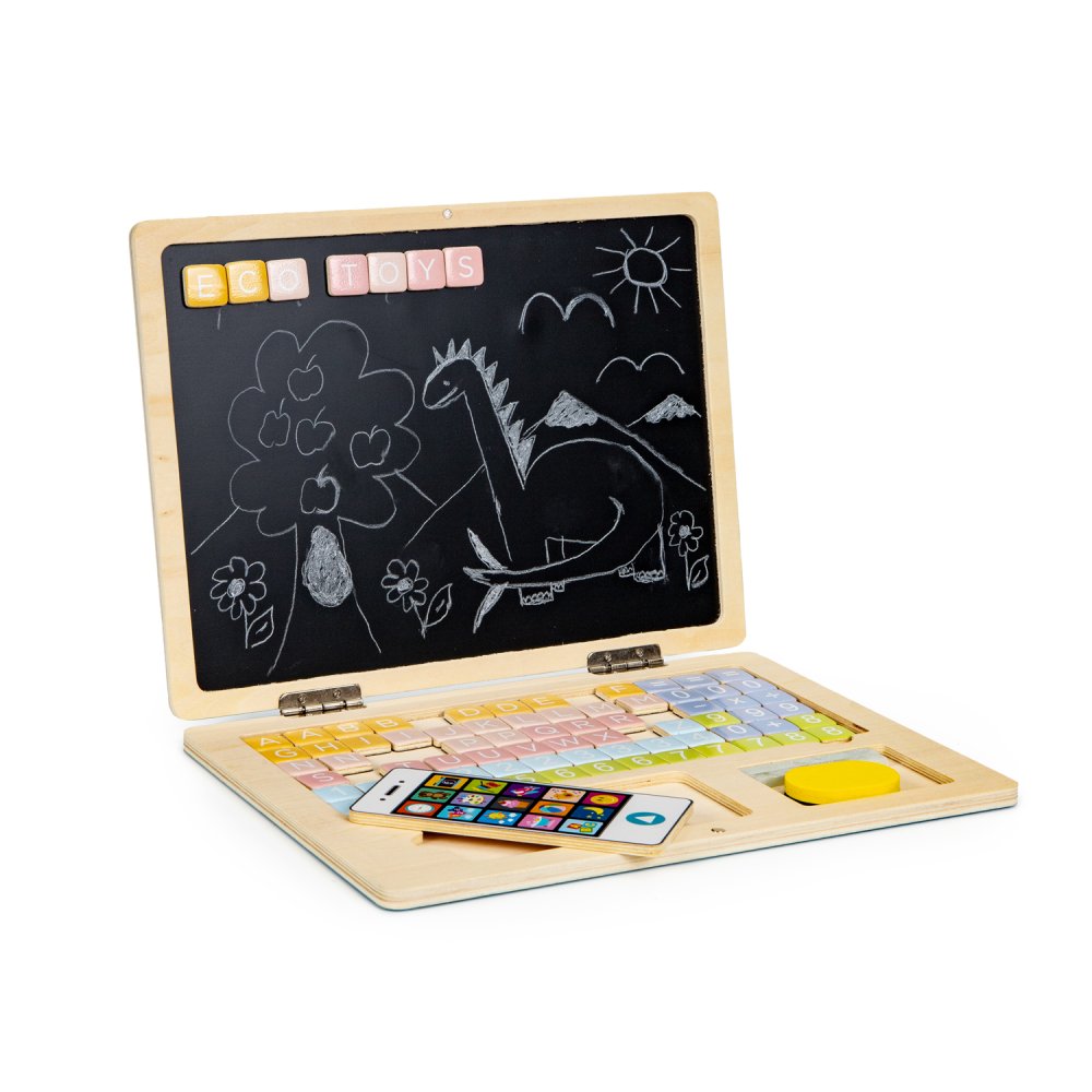 ECOTOYS Wooden Educational Laptop Magnetic Chalkboard with Letters & Numbers (1)