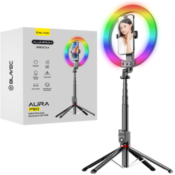 Blavec Aura RGB Gredzenveida Riņķa Lampas LED Gaismas Komplekts ar Statīvu 2,3m un Telefona Turētāju | Ring Light Tripod Phone Mount Photo Video Tiktok