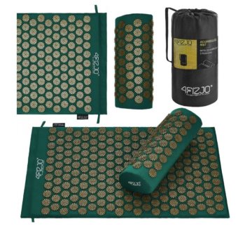 4Fizjo akupresūras paklājs, akupunktūras adatu masāžas paklājiņš, Kuznecova aplikators, komplekts ar spilvenu, 68x42 cm, Zaļš/Zelta | Acupuncture Massage Mat