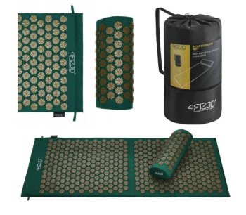 4Fizjo akupresūras paklājs, akupunktūras adatu masāžas paklājiņš, Kuznecova aplikators, komplekts ar spilvenu, 110x42 cm, Zaļš/Zelta | Acupuncture Massage Mat