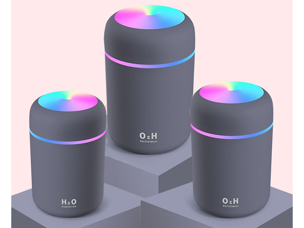 Mini USB gaisa mitrinātājs un aromātu difuzors ar RGB apgaismojumu, pelēks (1)
