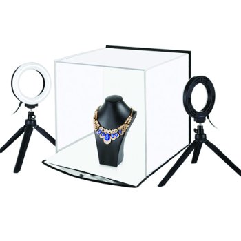 Foto kastīte ar gredzenveida lampu komplektu, 30x30x30cm | Photo box with a set of ring lamps,