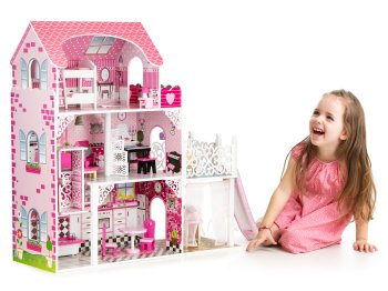 Koka leļļu māja ar liftu un slidkalniņu XXL, 16 mēbeles, ECOTOYS