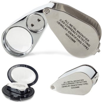 Salokāma metāla kabatas lupa 40x ar 2 LED un UV gaismu, sudraba