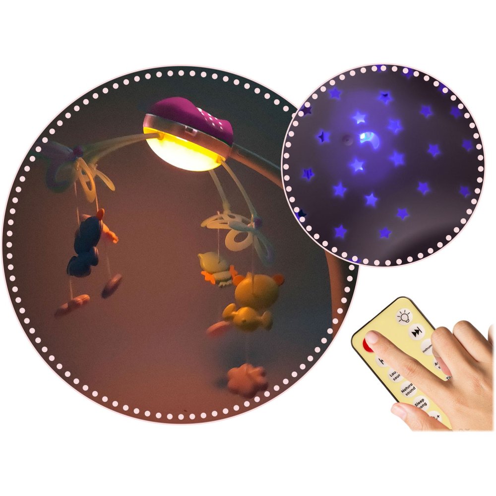 Bērnu gultiņas karuselis ar projektoru RK-813, Rozā krāsā | Carousel for Baby Crib (3)