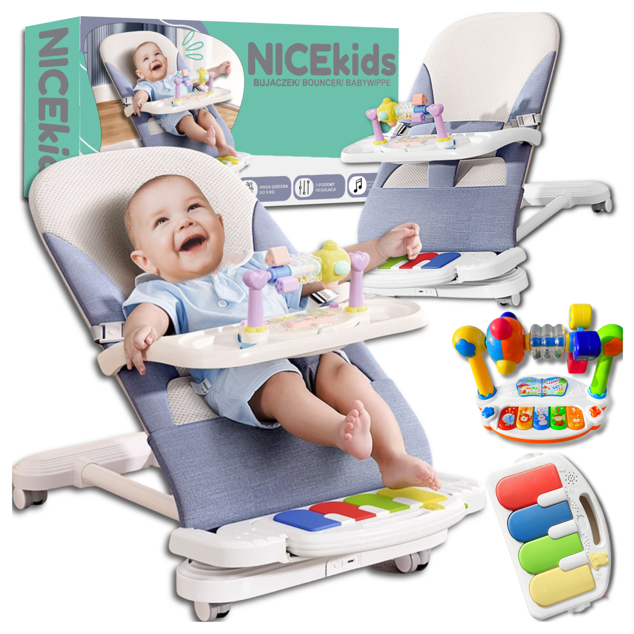 Bērnu salokāms šūpuļkrēsls Nicekids + grabulīši, rotaļlietas, Zils | Folding Baby Lounger