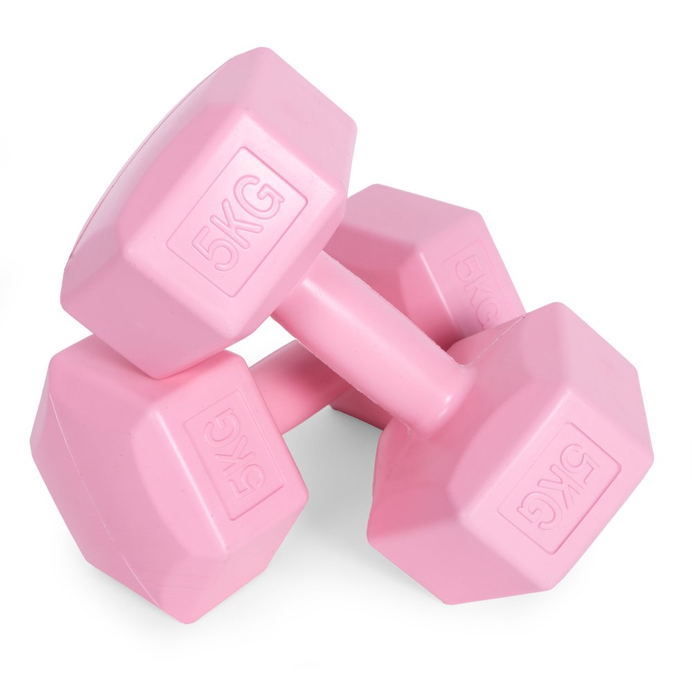 Sešstūra hanteles komplekts 2x5 kg fitnesa svari ModernHome, rozā (3)