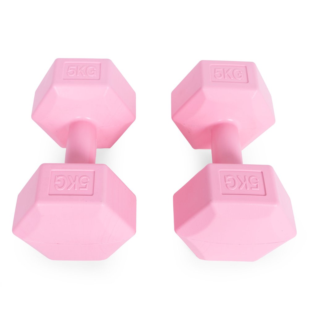 Sešstūra hanteles komplekts 2x5 kg fitnesa svari ModernHome, rozā (1)
