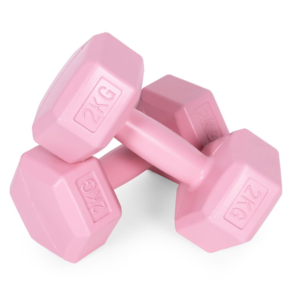 Sešstūra fitnesa hanteles ModernHome 2x2 kg komplekts, rozā (3)
