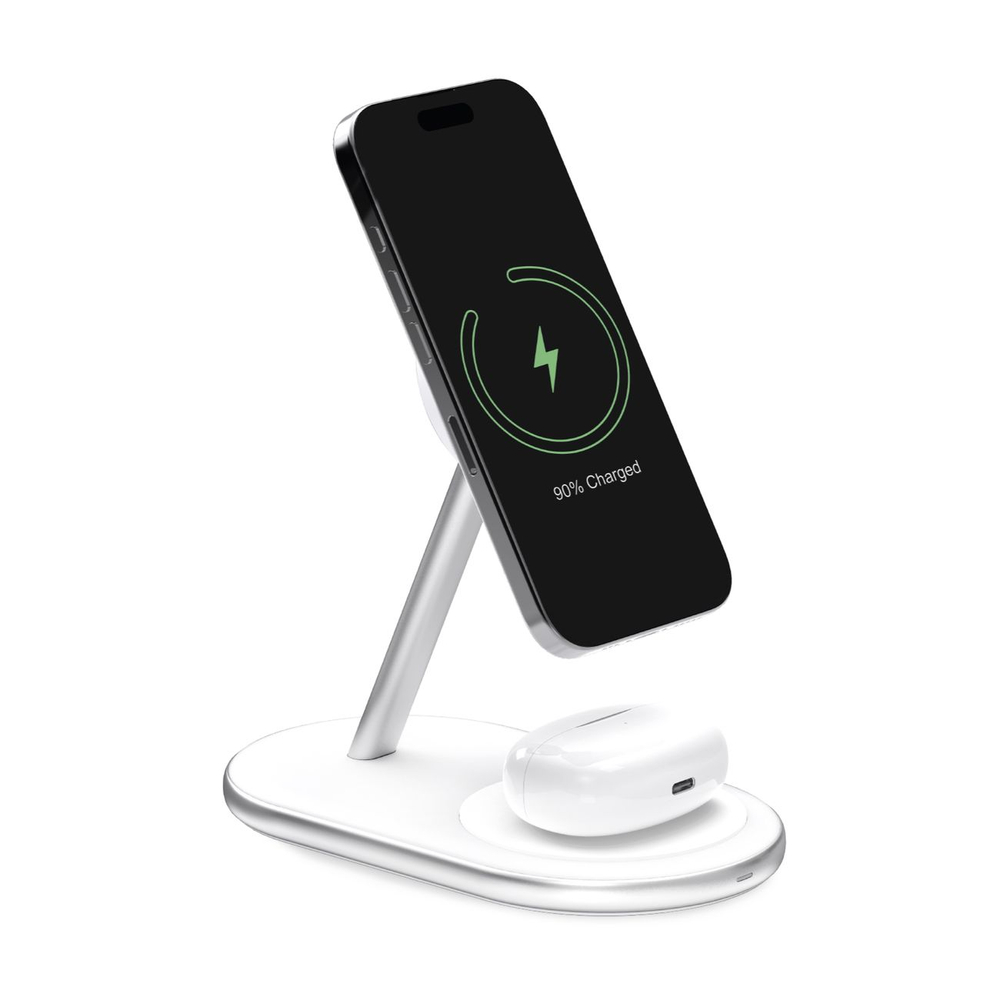 2-in-1 Puro bezvadu uzlādes stacija telefoniem un austiņām – balta | Wireless Charging Station Charger Phone And...
