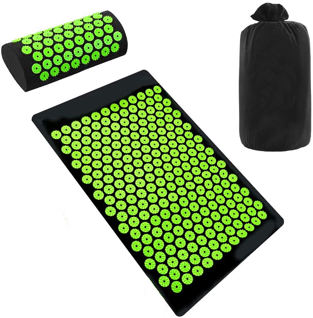 Akupresūras paklājs masāžas paklājiņš ar spilvenu, komplekts 65 x 41cm, Melns/Zaļš | Acupressure Massage Mat...