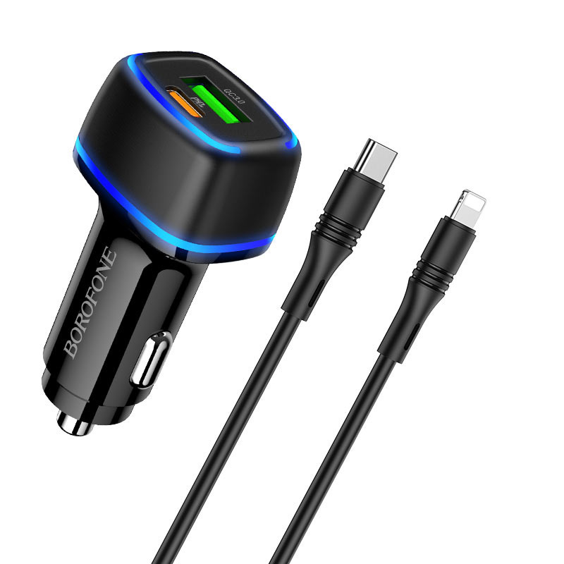 Borofone BZ14A Car Charger USB / USB Type C QC3.0, 20W with Type C to Apple Lightning Cable, 3A, Black | Automašīnas Lādētājs Adapteris