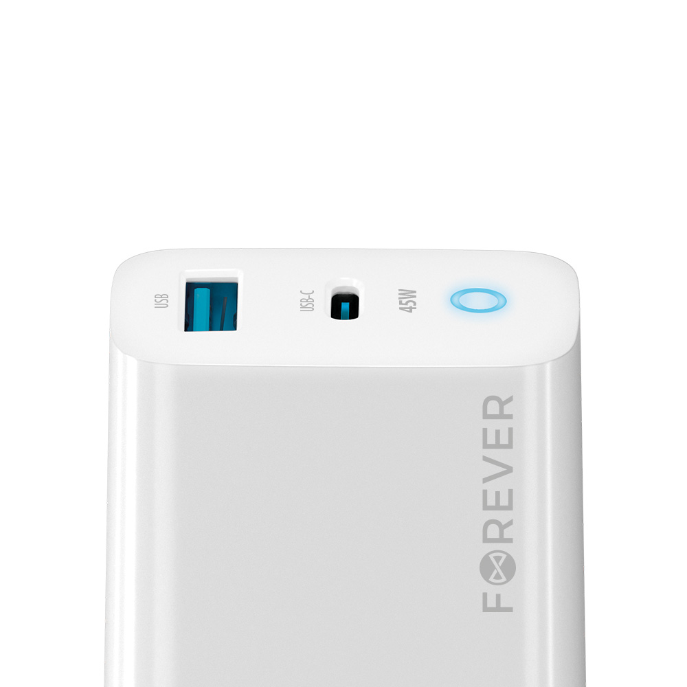 Forever GaN Wall Charger 45W USB Type C + USB, White | Адаптер для Зарядки
