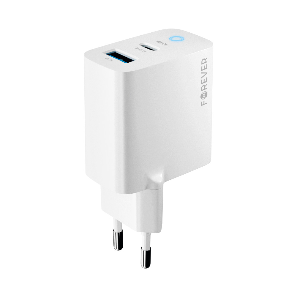 Forever GaN Wall Charger 45W USB Type C + USB, White | Адаптер для Зарядки