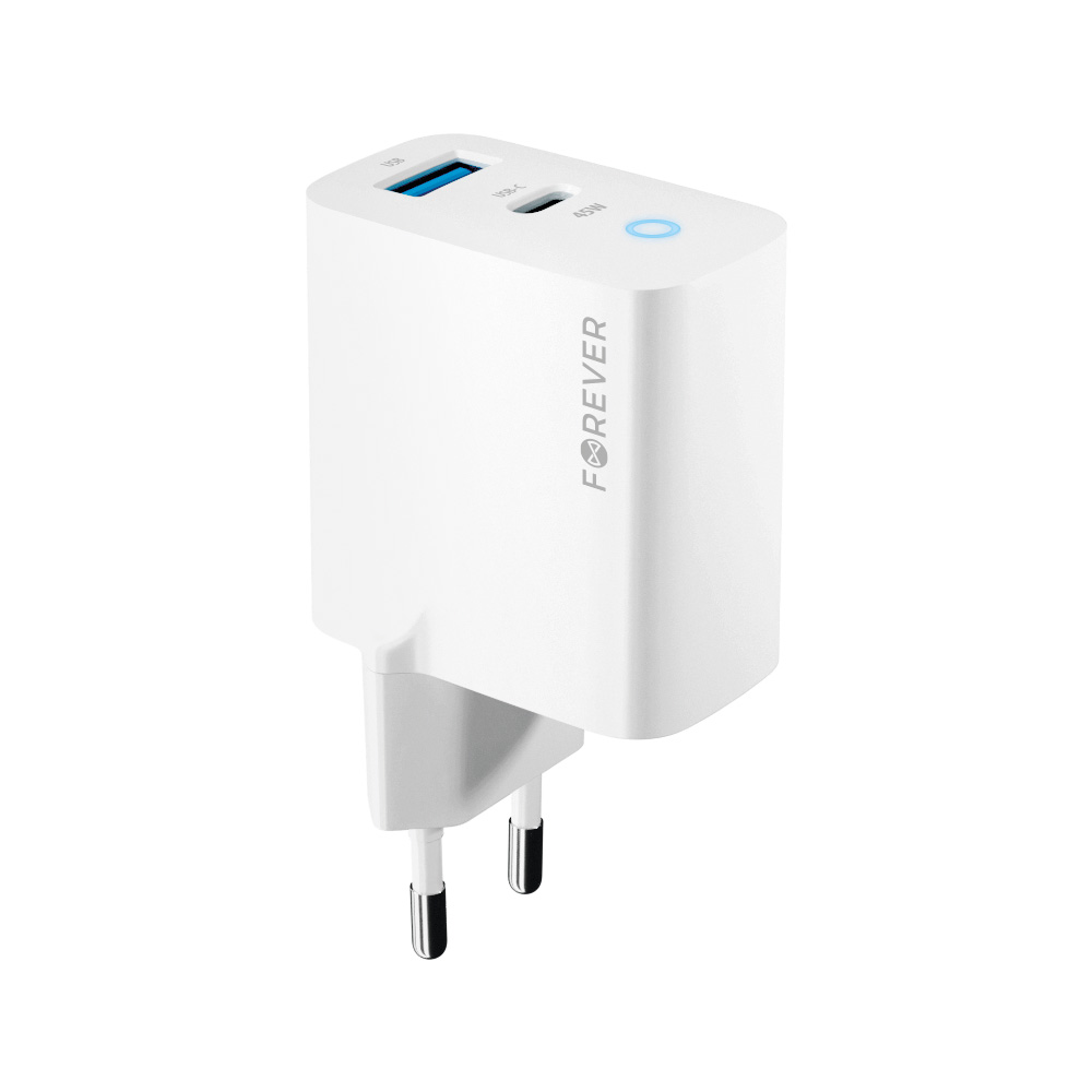 Forever GaN Wall Charger 45W USB Type C + USB, White | Адаптер для Зарядки