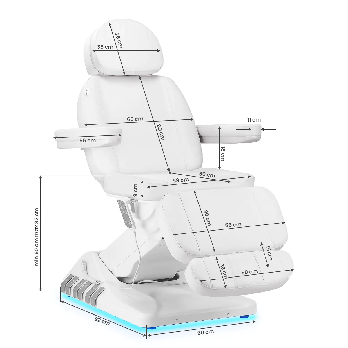 Sillon Luxury elektriskais kosmetoloģiskais krēsls ar 3 motoriem, balts
