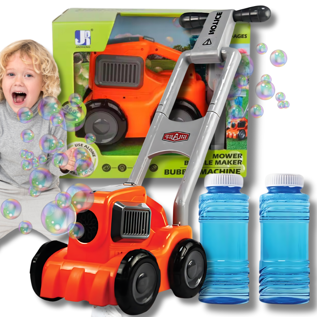 Kids Toy Lawnmower with Soap Bubble Machine and Liquid