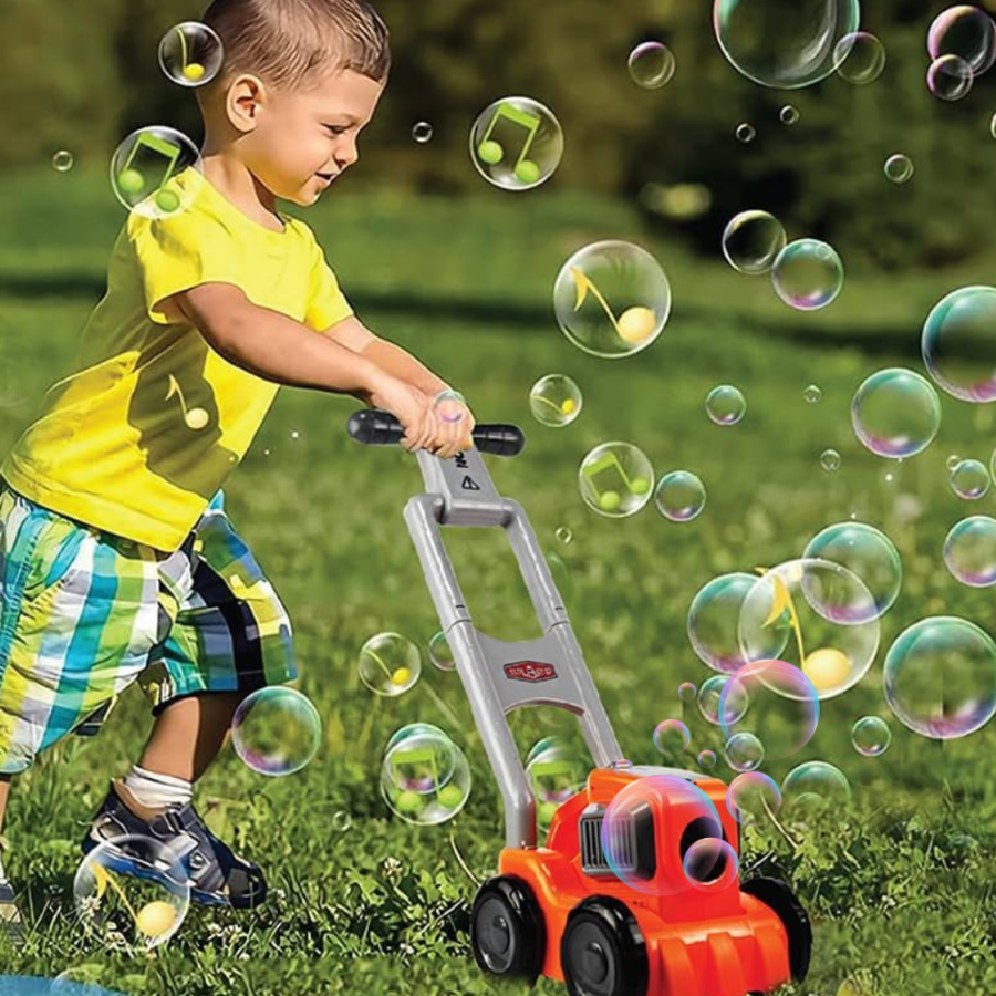 Kids Toy Lawnmower with Soap Bubble Machine and Liquid