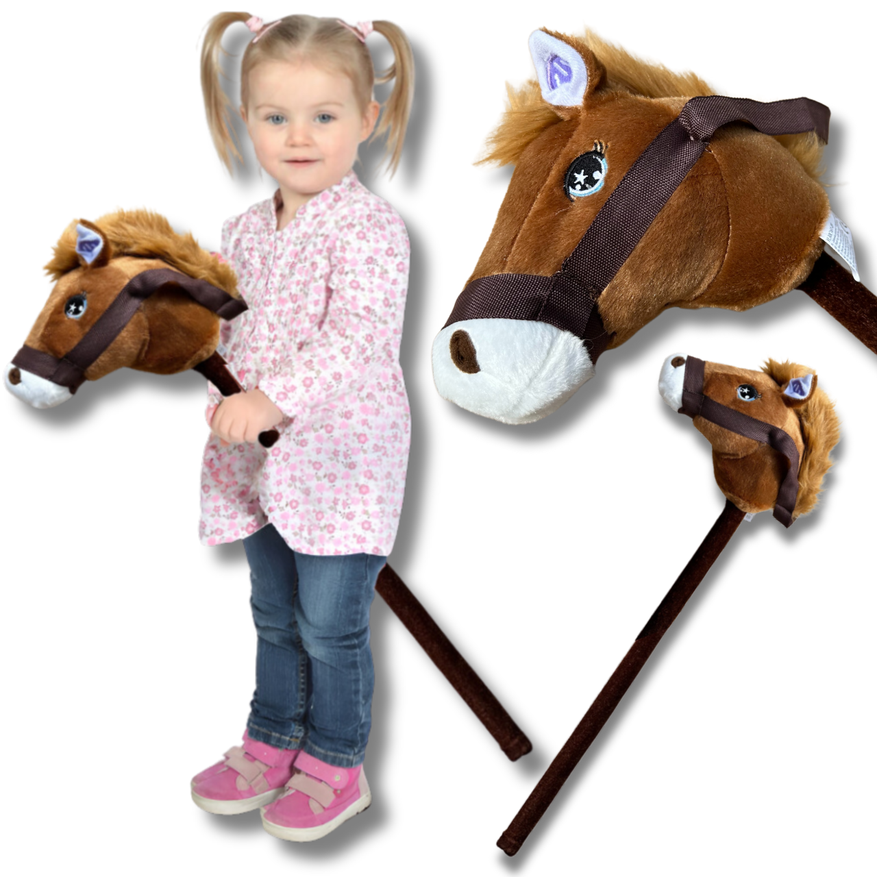 Rotaļu Zirdziņš Hobby Horse Plīša Zirga Galva uz Nūjas ar Skaņu, Tumši brūns | Kids Toy Hobby Horse