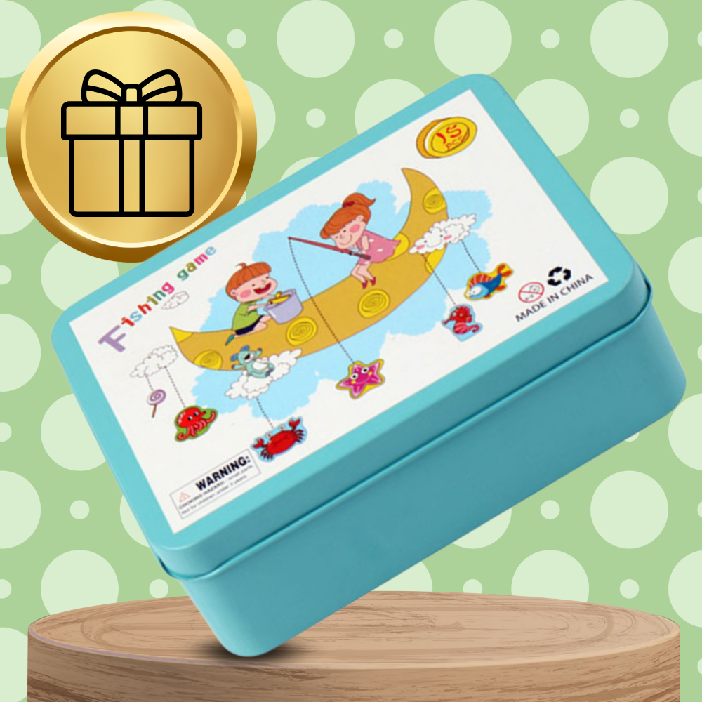Wooden Fishing Game for Kids with Rod in a Metal Storage Tin