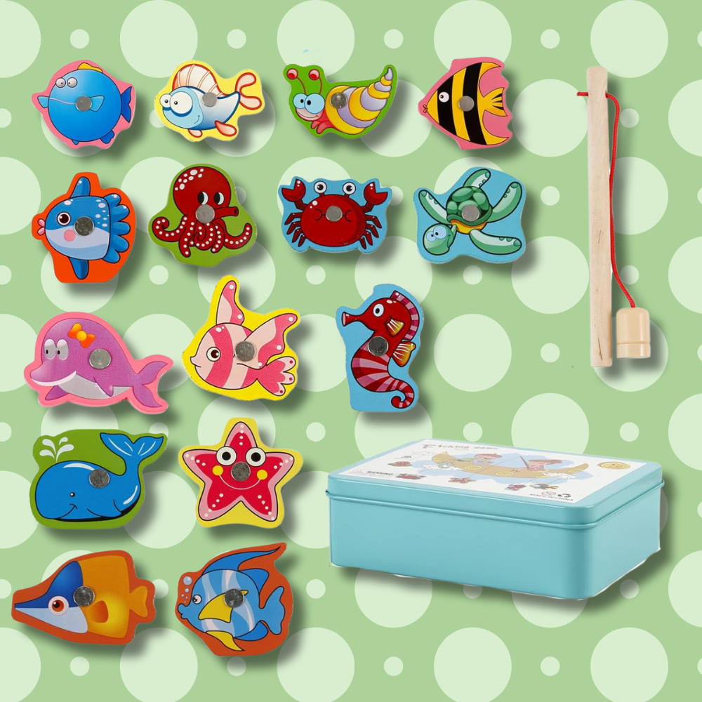 Wooden Fishing Game for Kids with Rod in a Metal Storage Tin