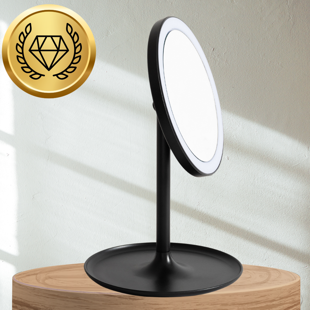 Bakalu apaļš kosmētikas spogulis ar LED apgaismojumu, melns