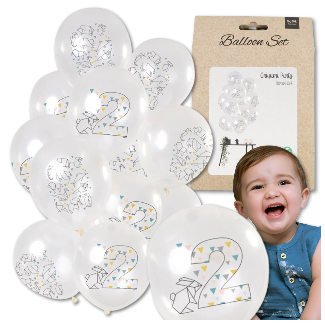 Bakalu Transparent Balloons 2nd Birthday Origami, 12 pcs.