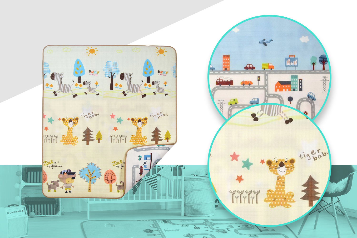 Large double-sided foldable kids foam play mat 150 x 180 cm, tiger and city