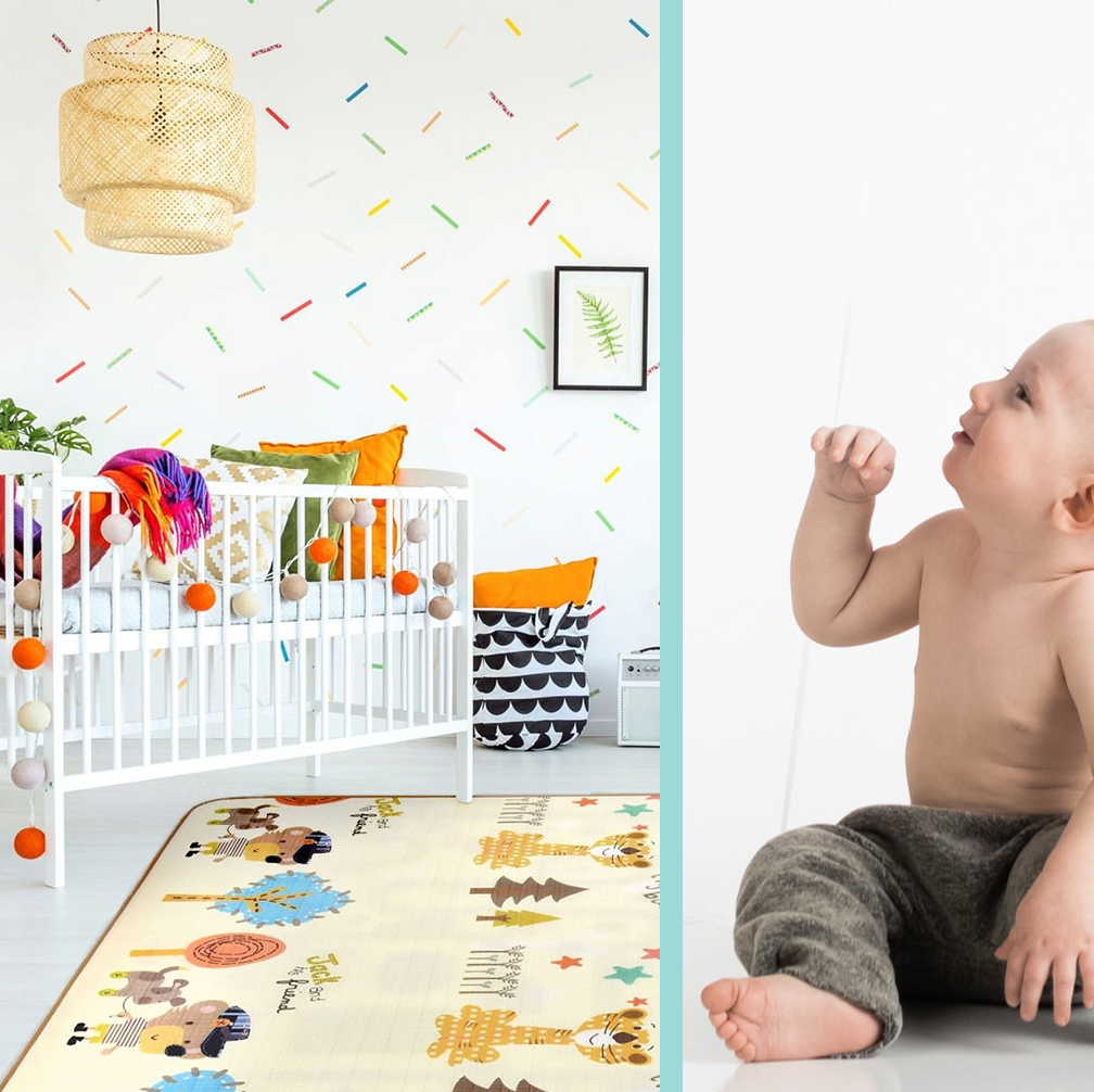 Large double-sided foldable kids foam play mat 150 x 180 cm, tiger and city