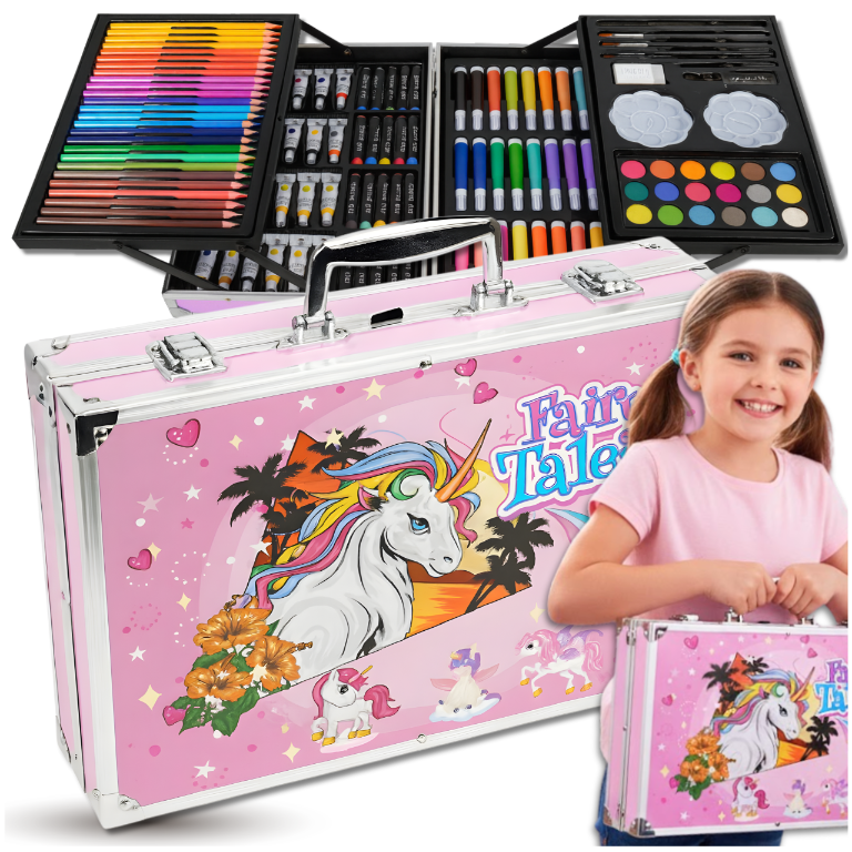 Zīmēšanas komplekts bērniem 145 gab. alumīnija koferī ar vienradzi, rozā