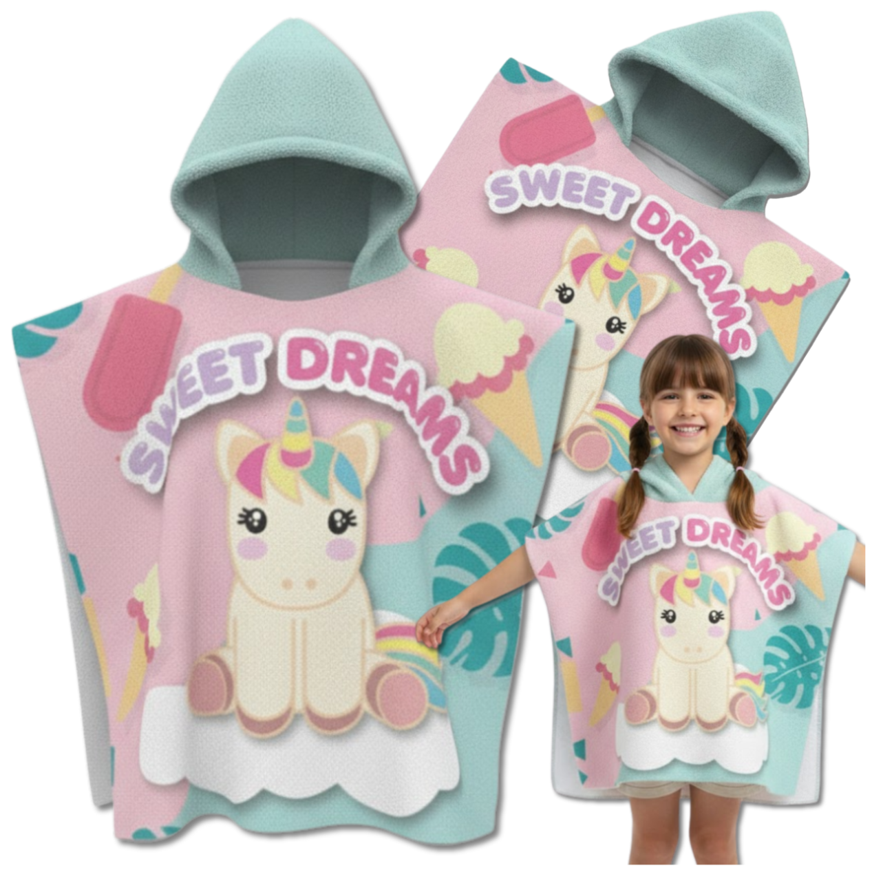 Kids Hooded Beach Towel Unicorn Bath Poncho 60x120, pink celadon