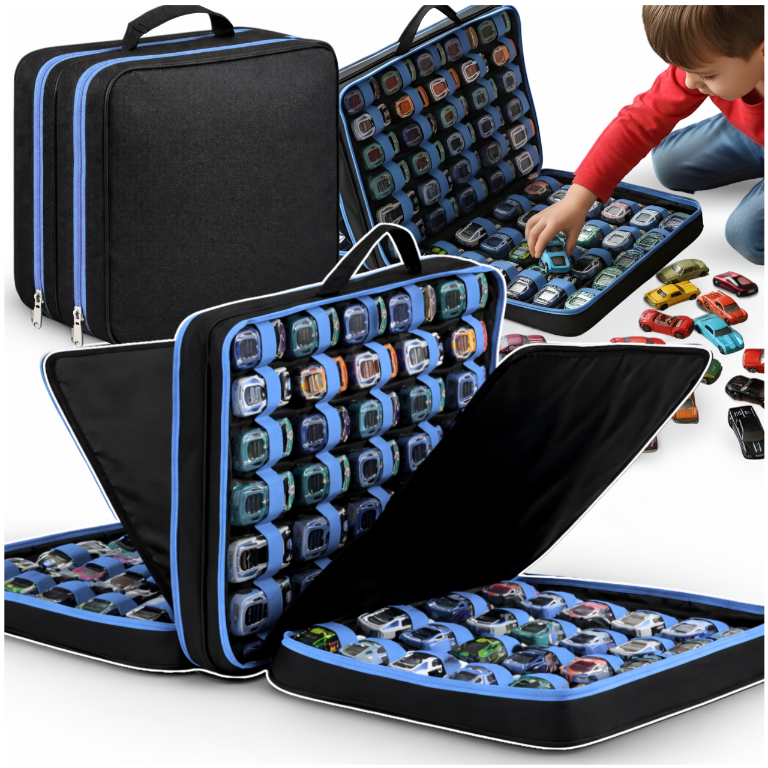 Rotaļu mašīnu organizators 96 Hot Wheels modeļiem ceļojumu soma, melni zils