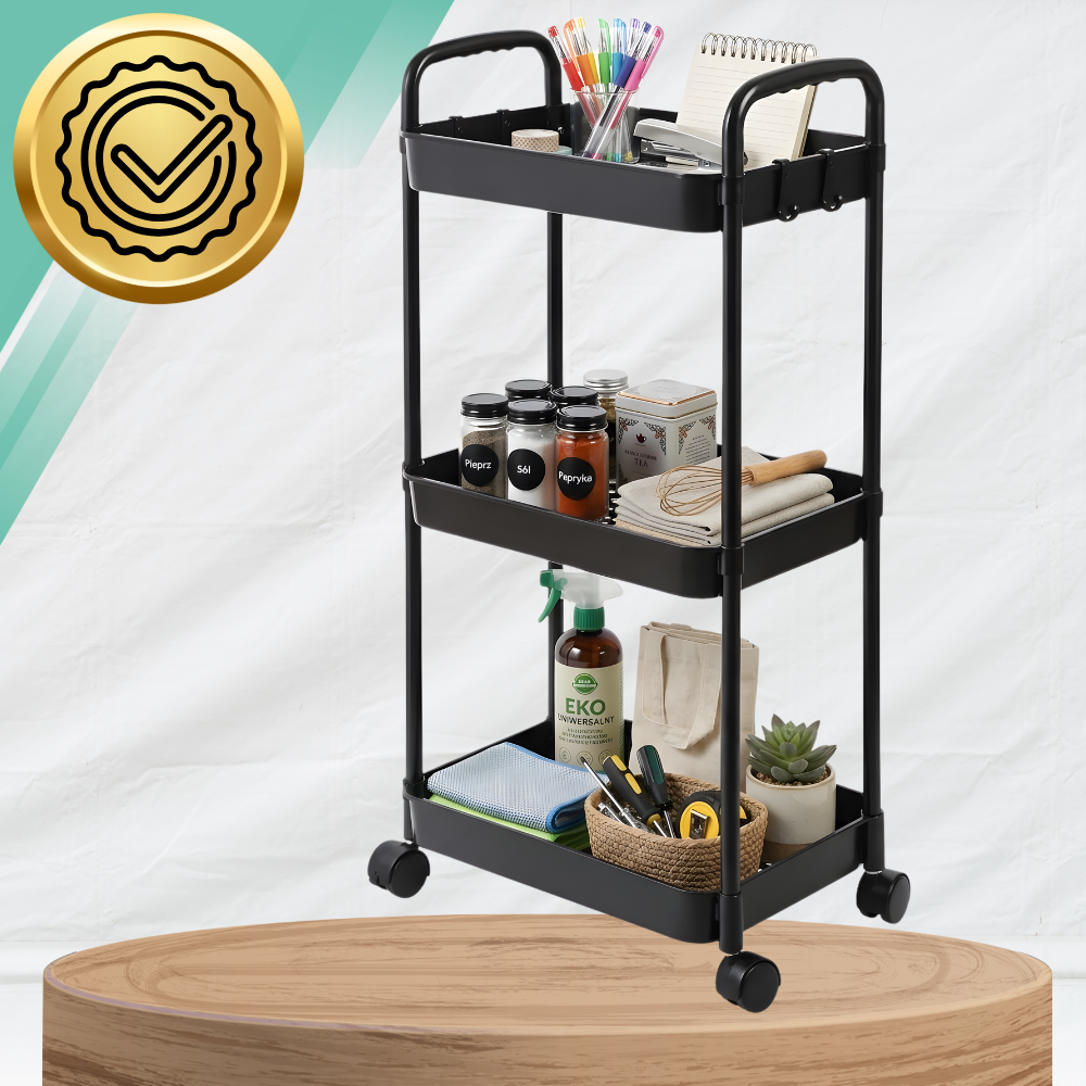3-Tier Rolling Storage Cart on Wheels Mobile Utility Trolley, Black (1)