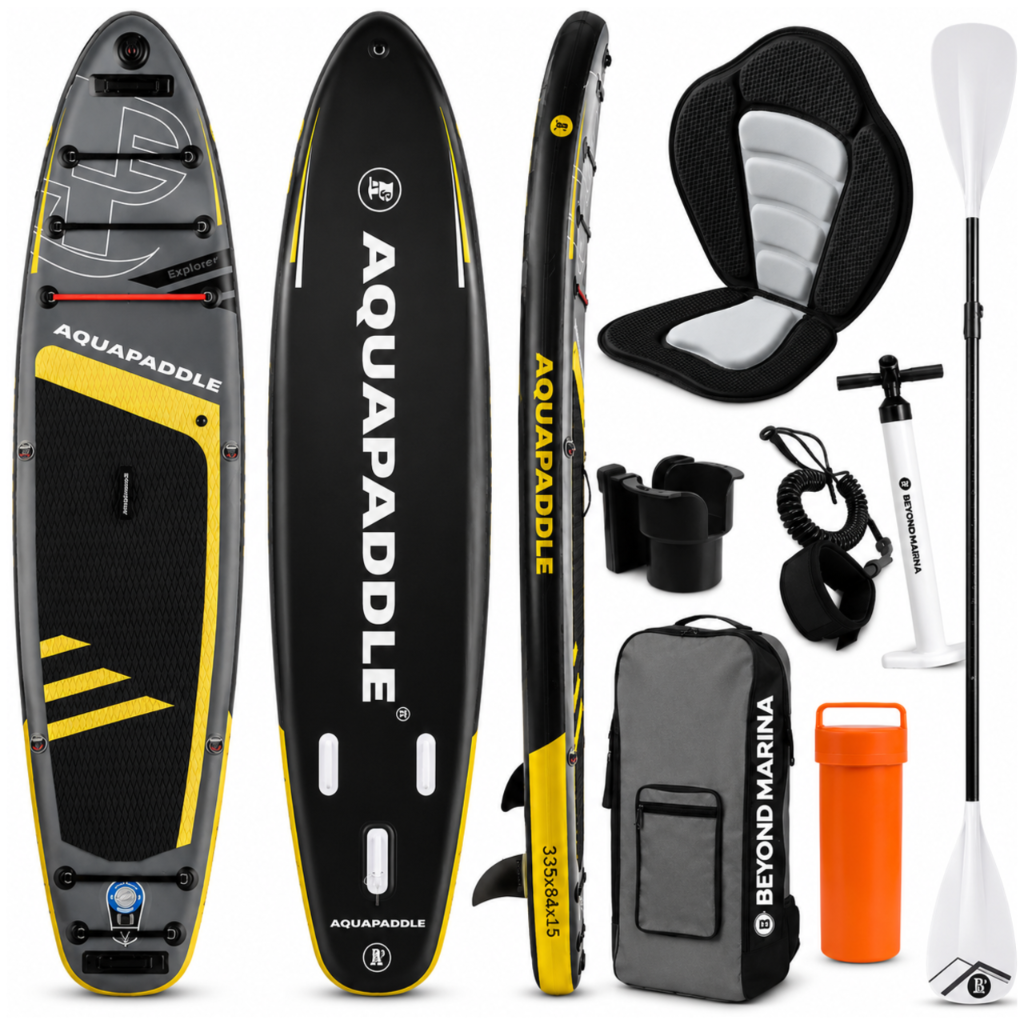 SUP-борд AquaPaddle Explorer с сиденьем, 335x84x15 см, черно-желто-серый
