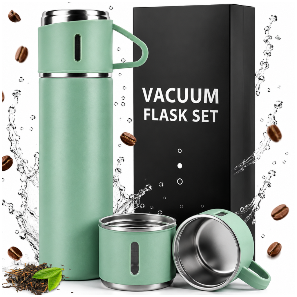 Travel Thermos Flask 500 ml with 3 Cups, Stainless Steel, Green