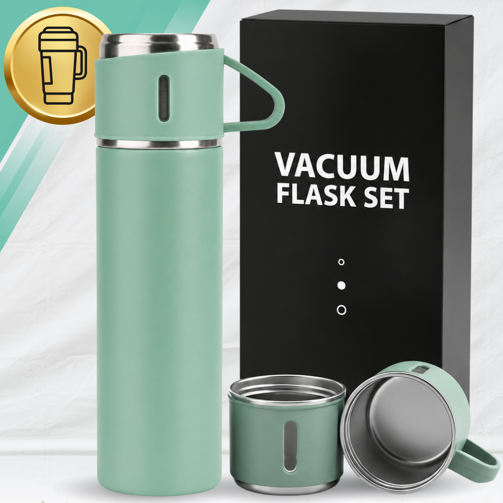 Travel Thermos Flask 500 ml with 3 Cups, Stainless Steel, Green