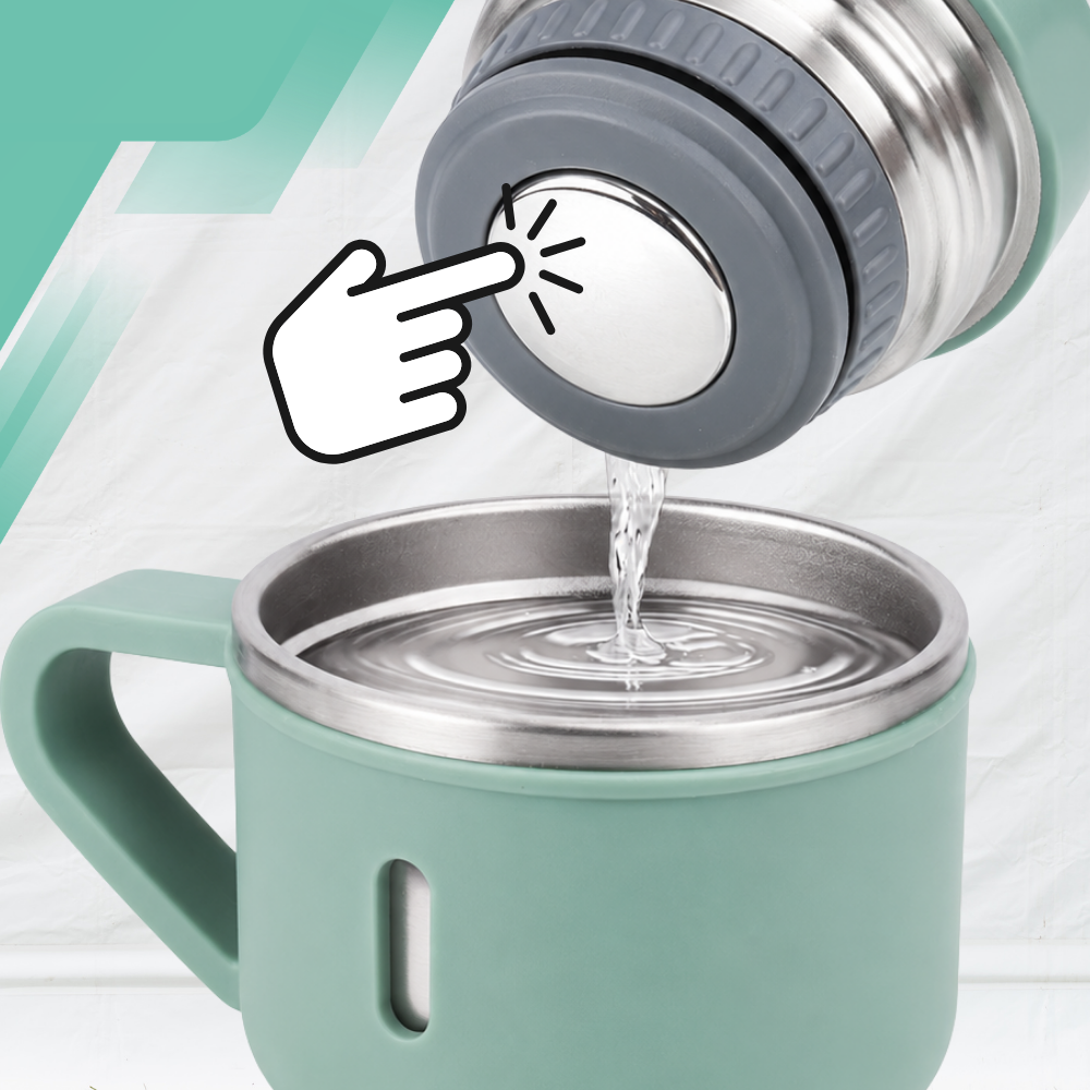 Travel Thermos Flask 500 ml with 3 Cups, Stainless Steel, Green
